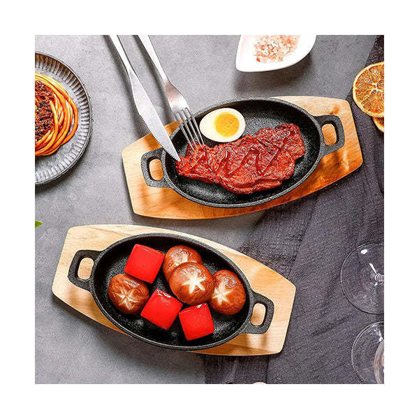 Cool Gift Kitchen & Dining Cast Iron Mini Oval Serving Dish Pans with Wooden Base, Available in Different Sizes - 12240