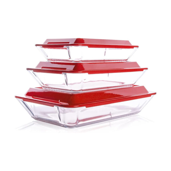 Fenix Kitchen & Dining Red / Brand New Fenix Set of 3PCS Tempered Nesting Glass Bakeware Set - 10962