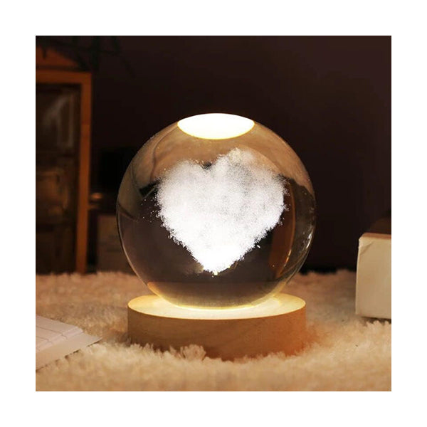 Mobileleb Decor Brown / Brand New Heart Crystal Glass Ball Light 3D Nightlight Wooden LED Display Base Stand - Size 6cm - 10373-HEART