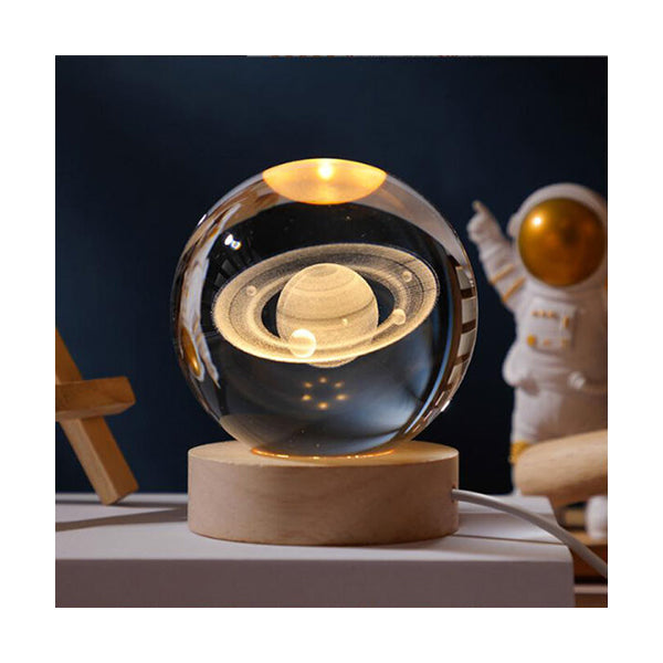 Mobileleb Decor Brown / Brand New Saturn Crystal Glass Ball Light 3D Nightlight Wooden LED Display Base Stand - Size 8cm - 10373-SATURN