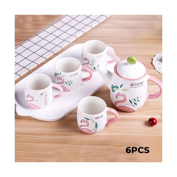 Mobileleb Kitchen & Dining Pink White / Brand New 3D Flamingo Ceramic Tea Set - 93675