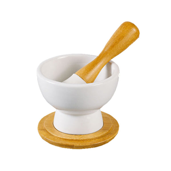 Mobileleb Kitchen & Dining White / Brand New Porcelain Mortar and Pestle Set with Bamboo Base - 88409
