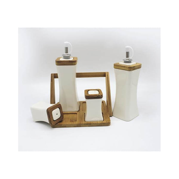 Mobileleb Kitchen & Dining Brand New Porcelain Oil and Pepper Set with Bamboo Base - 13907