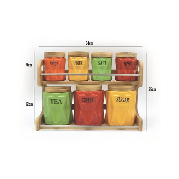 Mobileleb Kitchen & Dining Brand New Set of 7 Canisters with Bamboo Rack, Kitchenware, Home Accessories, Porcelain Made - 13903