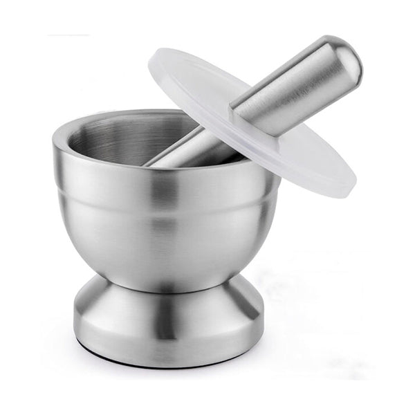 Mobileleb Kitchen & Dining Silver / Brand New Stainless Steel Mortar and Pestle Set With Protective Lid - 10435