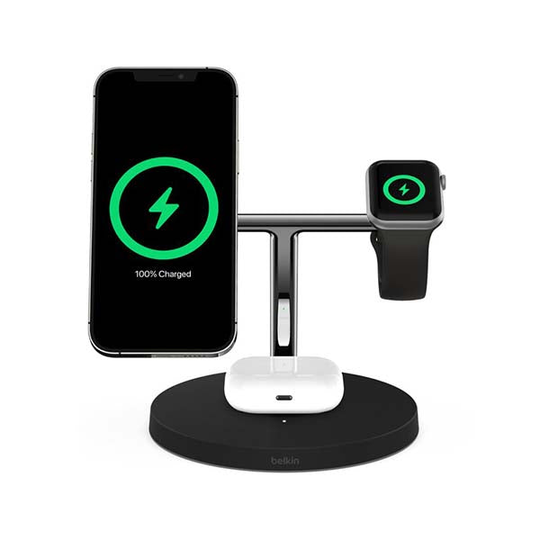 Belkin Communications Black / Brand New Belkin, WIZ009VFBK-APL, BoostCharge Pro 3-in-1 Wireless Charger With MagSafe, 15W