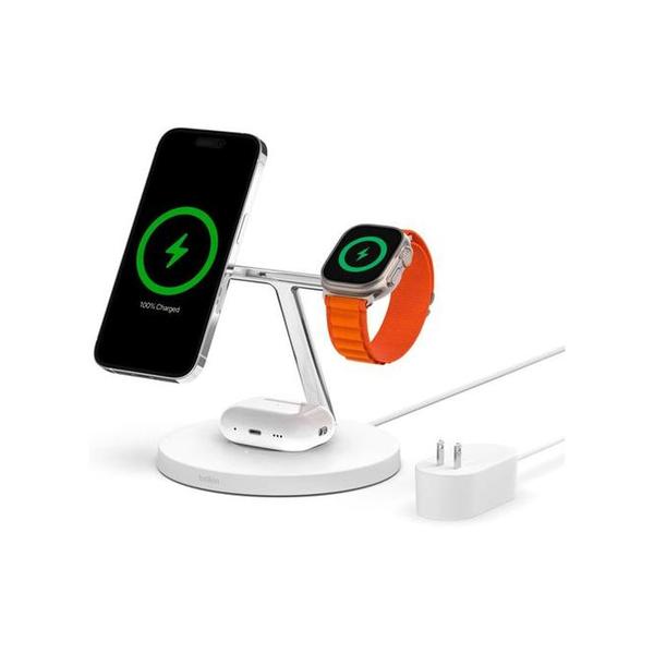 Belkin Communications White / Brand New / 1 Year Belkin, WIZ017VFBK/WH 3-in-1 Wireless Charger with Official MagSafe Charging 15W