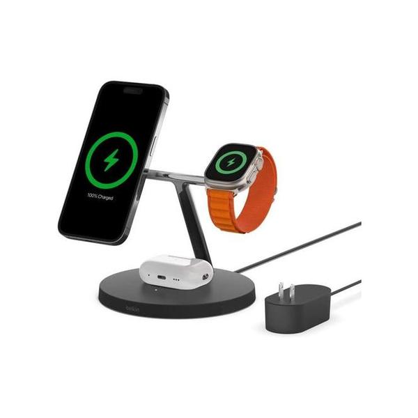 Belkin Communications Black / Brand New / 1 Year Belkin, WIZ017VFBK/WH 3-in-1 Wireless Charger with Official MagSafe Charging 15W