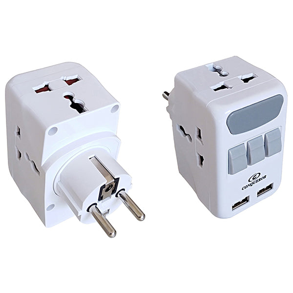 Conqueror Electronics Accessories White / Brand New Conqueror 3 Plug 2 USB Adapter Wall Tap Multiple Charging Station Overvoltage Protection - G156B