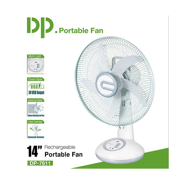 Dp Household Appliances White / Brand New DP-7611, 14-inch Rechargeable Table Fan AC DC with LED Light