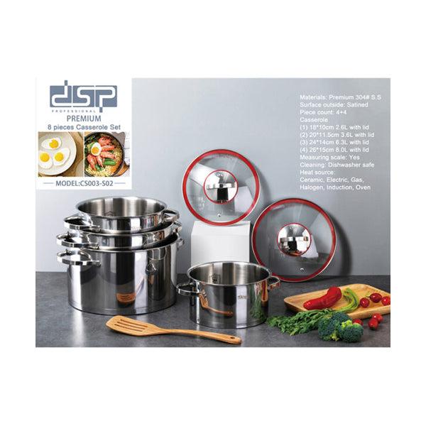 DSP Kitchen & Dining Silver / Brand New 8 Pcs Dsp Deluxe Stainless Steel Casserole Cookware Set Cs003-s02