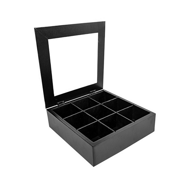 Flow Kitchen & Dining Black / Brand New Flow Wooden Glass Tea Box, Size: 23 x 23 x 8 Cm