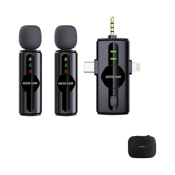 Green Lion Audio Black / Brand New Green Lion GM-80X Dual Microphone 3 In 1, LED Display, 3 Level Noise Cancelation, 20M Transmission Range, 5H Battery Life, 65mAh Mic Battery, Ultra Low Latency, Lightning Head/USB-A/USB-C Supported