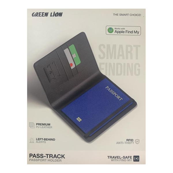 Green Lion GPS Accessories Brand New Green Lion Smart Finding Pass-Track Passport Holder, RFID Anti-theft, Premium PU Leather, Left-behind Alerts, Works with Apple Find My, Travel-Safe, GNPASHLFIDBK