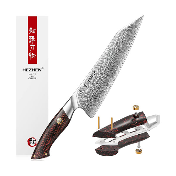 HEZHEN Kitchen & Dining Brown / Brand New HEZHEN 8.5 Inches Damascus Chef Knife, 73 Layers Damascus Steel Powder Steel Kitchen Knives, Damascus Pattern G10 Handle