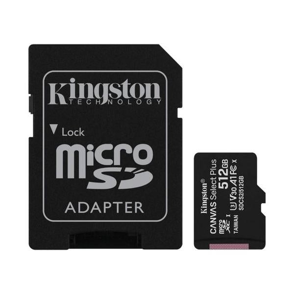Kingston Electronics Accessories Brand New Kingston 512GB microSDXC Canvas Select Plus microSD Memory Card V30 Speed 150MB/s Read A1 Including SD Adapter - SDCS3/512GB, with 5 Years Official Warranty