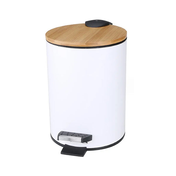 Mobileleb Household Supplies White / Brand New Bathroom Trash Can with Bamboo Lid Soft Close and Foot Pedal 5L - 12004