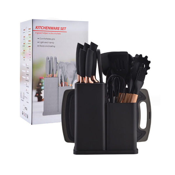Mobileleb Kitchen & Dining Black / Brand New 19-in-1 Wooden Handle Silicone Kitchen Utensils Set Knife Set with Block - 10720