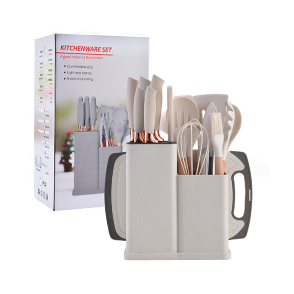 Mobileleb Kitchen & Dining White / Brand New 19-in-1 Wooden Handle Silicone Kitchen Utensils Set Knife Set with Block - 10720