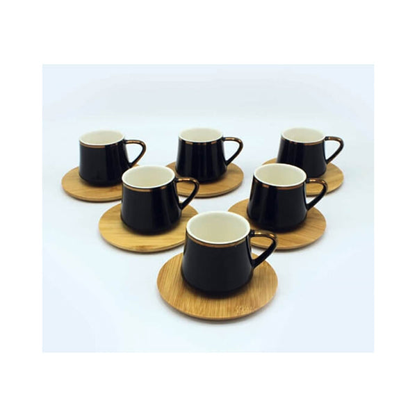 Mobileleb Kitchen & Dining Black / Brand New Coffee Cups with Bamboo Plates, Coffee Set, Porcelain Made, Bamboo Base - 13911