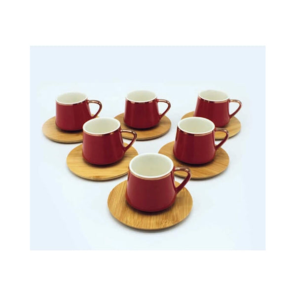 Mobileleb Kitchen & Dining Red / Brand New Coffee Cups with Bamboo Plates, Coffee Set, Porcelain Made, Bamboo Base - 13911