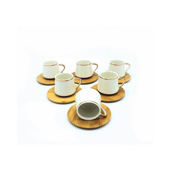 Mobileleb Kitchen & Dining White / Brand New Coffee Cups with Bamboo Plates, Coffee Set, Porcelain Made, Bamboo Base - 13911