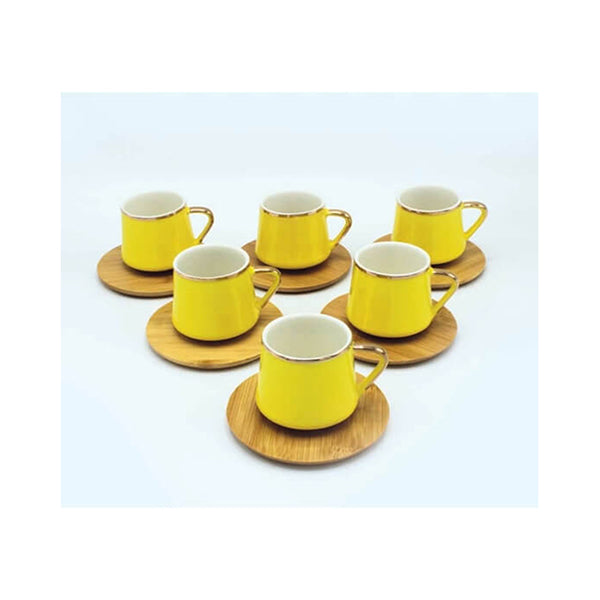Mobileleb Kitchen & Dining Yellow / Brand New Coffee Cups with Bamboo Plates, Coffee Set, Porcelain Made, Bamboo Base - 13911