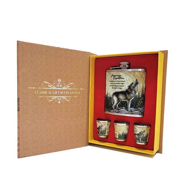 Mobileleb Kitchen & Dining Leather Hip Flask Set - Book Shape - Wolf - 16112