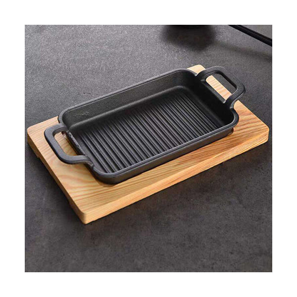 Mobileleb Kitchen & Dining Black / Brand New Rectangle Cast Iron Grilling Pan With Wooden Base - 10449