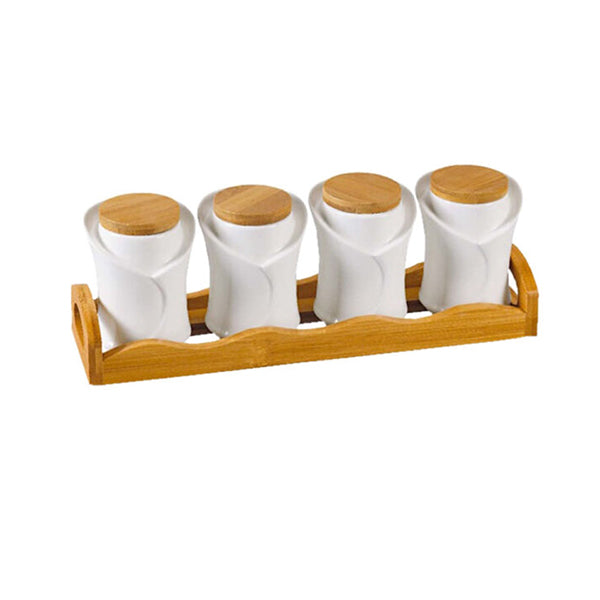 Mobileleb Kitchen & Dining White / Brand New Set Of 4 Canisters with Bamboo Base -88420