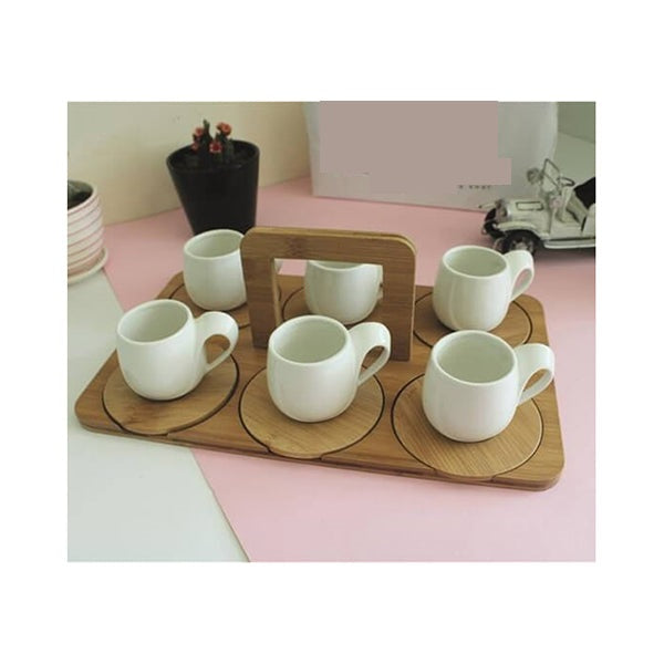 Mobileleb Kitchen & Dining White / Brand New Set of 6 Cups With Bamboo Base, Kitchenware, Home Accessories, Porcelain Made - 13905