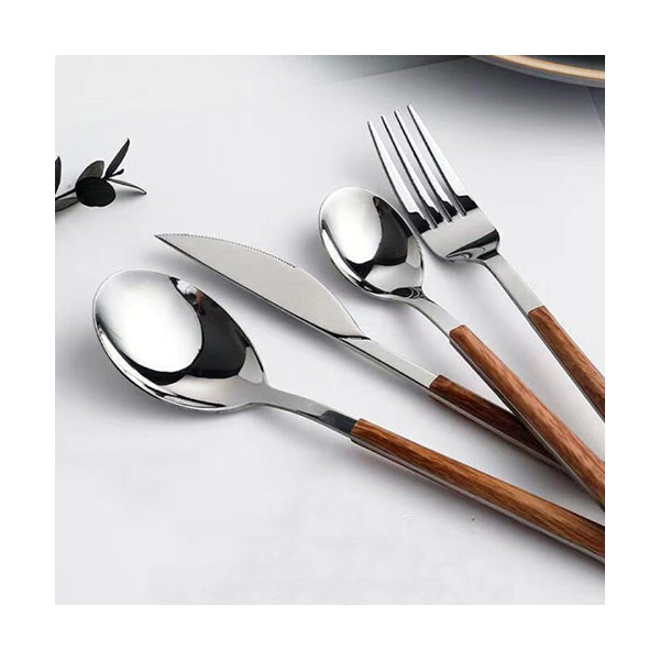 Mobileleb Kitchen & Dining Brown / Brand New Stainless Steel Cutlery Set With Wood 24-Piece - 10722