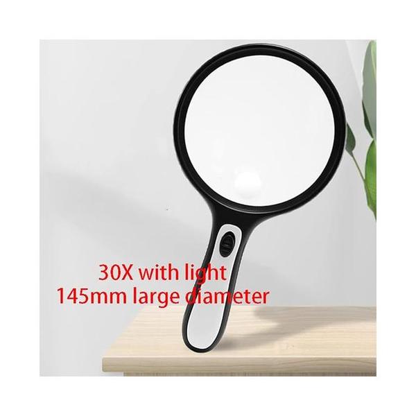 Mobileleb Office Instruments Magnifying 30X Handheld Magnifying Glass with 4 LED Light, Illuminated Lighted Magnifier,145mm Large Reading Magnifier for Macular Degeneration, Seniors Reading, Soldering, Ins Black Glasses loupe