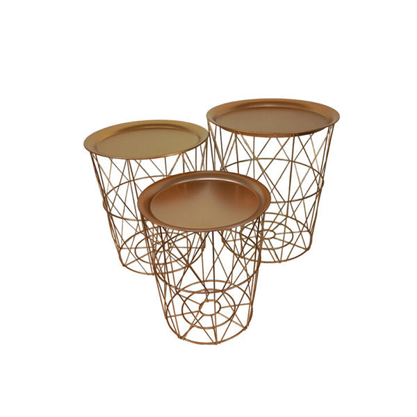 Mobileleb Tables Gold / Brand New 3 Side Tables of Gold-Plated Metal and Paulownia Wood - 10428