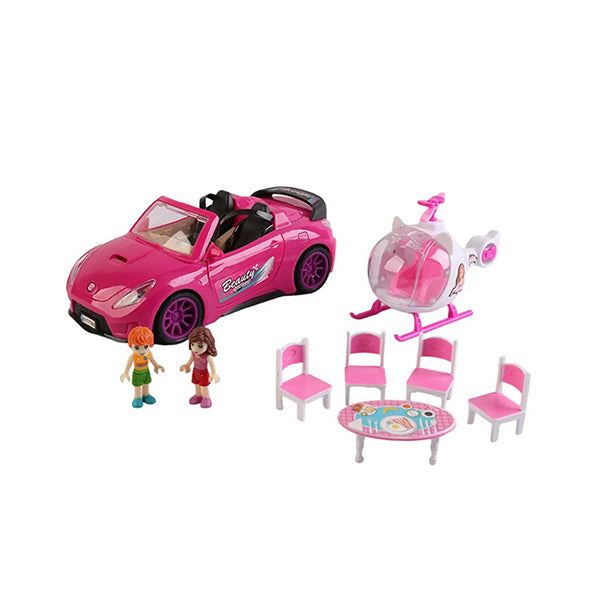 Mobileleb Toys Pink / Brand New Sports Car and Helicopter with Dinning Set and Dolls - 10398