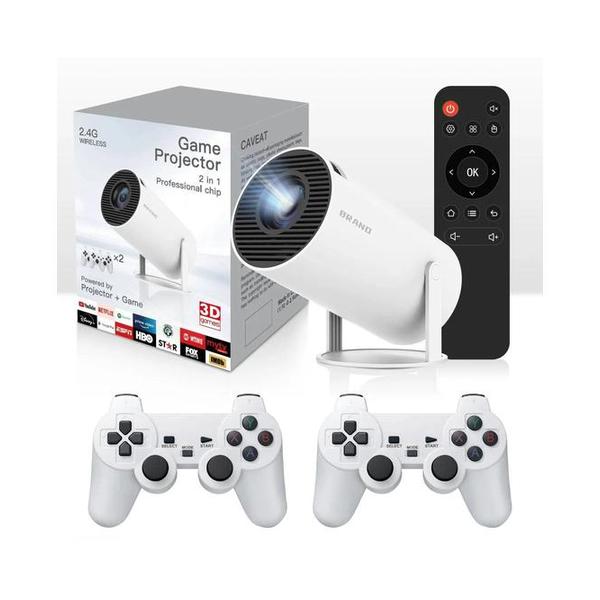 Mobileleb Video White / Brand New 2-in-1 Gaming Projector with Professional Chip and 2.4G Wireless Connectivity with 2 Controllers + 3D Games