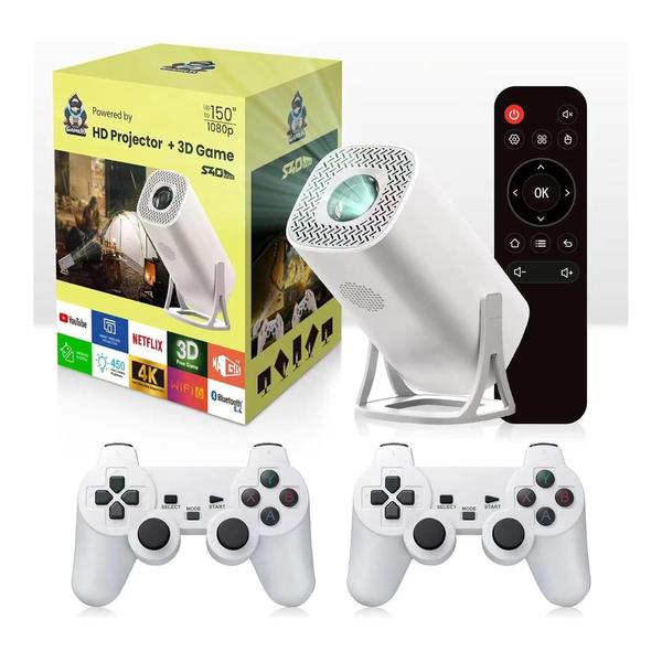Mobileleb Video White / Brand New Game Projector, Projector And Game With 2 Wireless Controllers, Up-to 150" 1080p Game Projector with Controllers, Projector + 3D Games