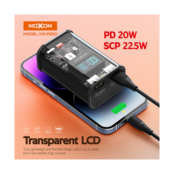 Moxom Electronics Accessories Black / Brand New Moxom MX-PB80 PD 20W 10,000 mAh SCP 22.5W Super Fast Charge Transparent LCD Power Bank