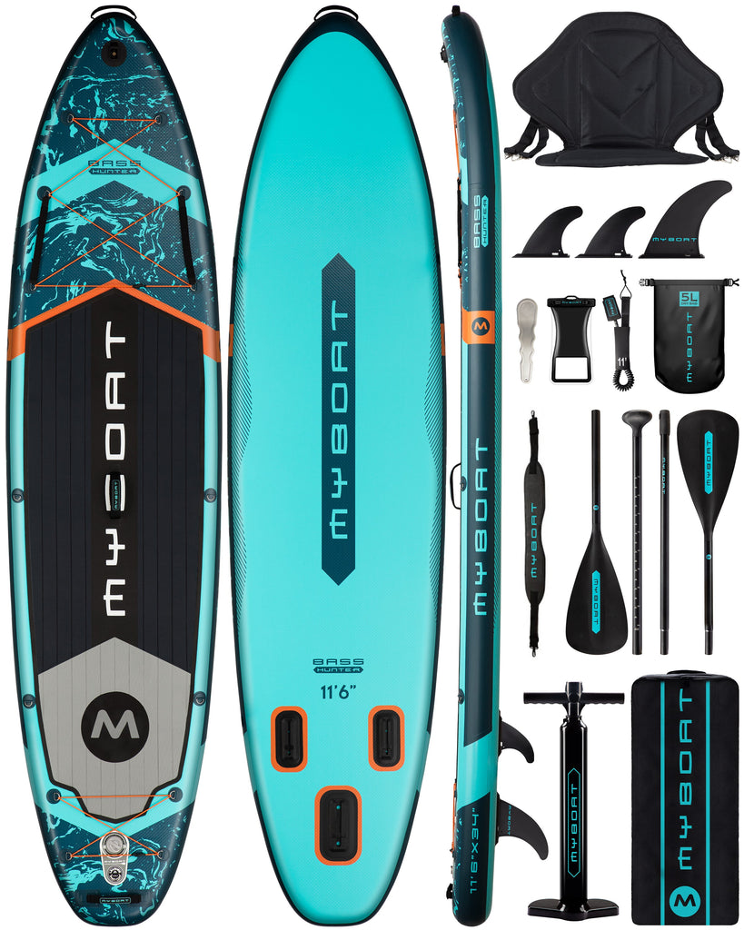 MyBoat Outdoor Recreation MYBOAT 11.6×34×6 Extra Wide Inflatable Paddle Board Military Grade Kayak, Stand Up Paddle Board for Fishing, Sup Board with 3 Removable Fins, Dual Bungees, Camera Mount, Hand Pump, Strong Paddle, 5L Dry Bag, Leash