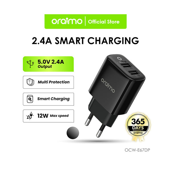 Oraimo Electronics Accessories Black / Brand New / 1 Year Oraimo, Firefly 2U, OCW-E67DP, Charger Head Dual USB 2.4A 5V Fast Charging