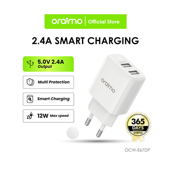 Oraimo Electronics Accessories White / Brand New / 1 Year Oraimo, Firefly 2U, OCW-E67DP, Charger Head Dual USB 2.4A 5V Fast Charging