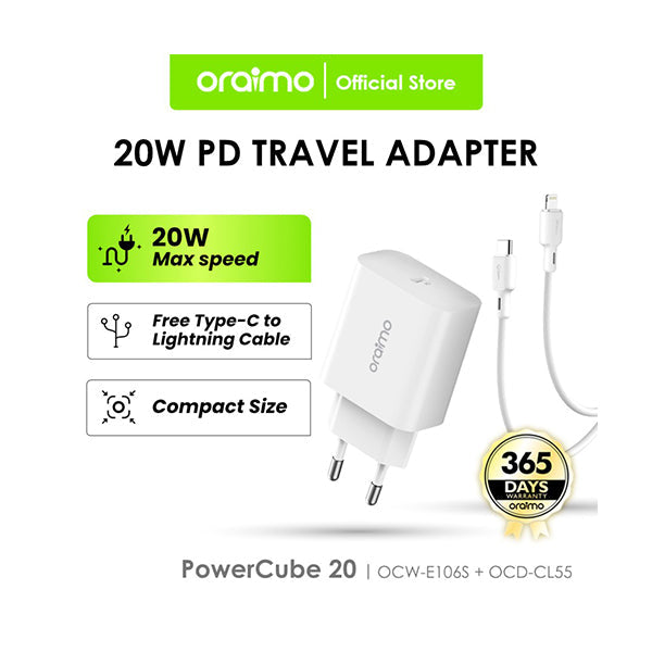 Oraimo Electronics Accessories White / Brand New / 1 Year Oraimo, Powercube 20, OCW-E106S, Type-C to Lightning-Fast Charging Ultra Speed - CL55