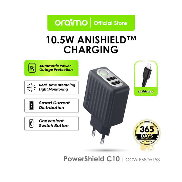 Oraimo Electronics Accessories Navy / Brand New / 1 Year Oraimo, PowerShield C10 OCW-U68D, 10.5W Wall Charger + Cable Lightning - L53