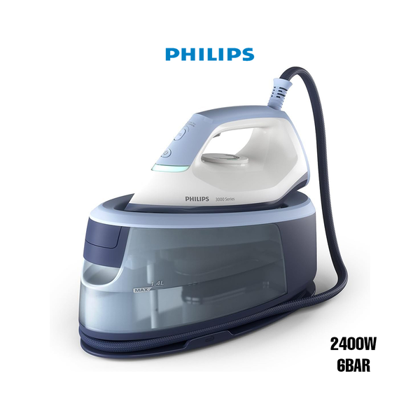 Philips Household Appliances Versuni Philips 3000 Series Steam Iron Station, 2400 W, 120 g/min Continuous Steam, 350 g Steam Boost, Fast and Powerful, Vertical Steam, Ceramic Sole, Deep Azure