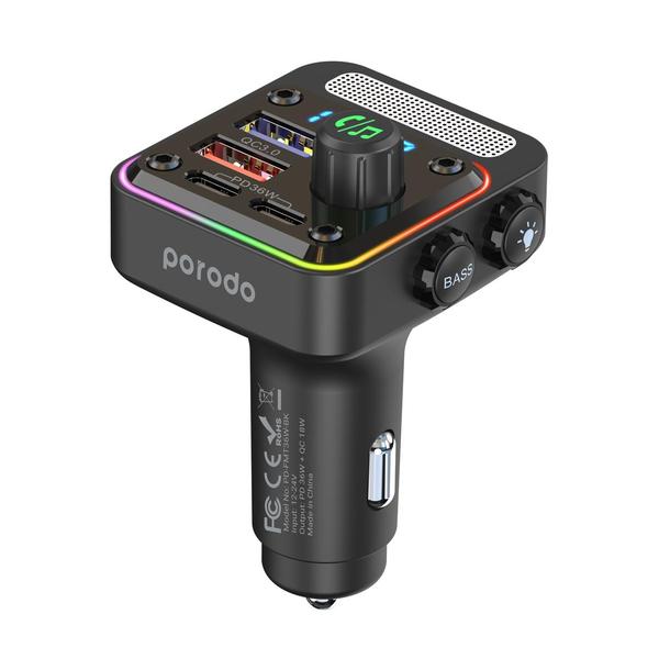 Porodo Audio Black / Brand New Porodo Quick-Charge FM Transmitter, Car Charger, Dual USB-C & USB-A, PD 36W, Built-in Microphone, PD-FMT36W-BK