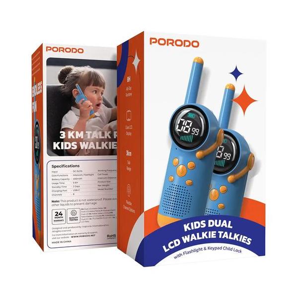 Porodo Communications Blue Porodo Kids Dual LCD Walkie Talkies with Flashlight & Keypad Child Lock