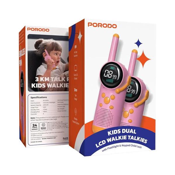 Porodo Communications Pink Porodo Kids Dual LCD Walkie Talkies with Flashlight & Keypad Child Lock