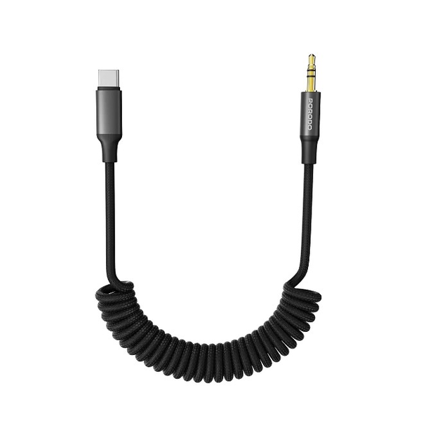Porodo Electronics Accessories Black / Brand New Porodo Coiled Aux to USB-C Audio Jack Cable with Tangle-Free Design