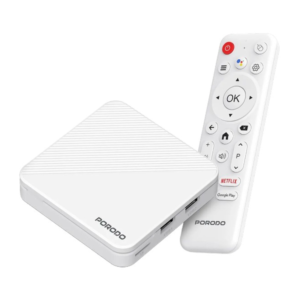 Porodo Video Porodo Echobox Android TV Box with 4K Ultra HD Streaming, Fully supports MBC Shahid, Netflix, Hey Google, YouTube, Hulu, Prime Video, Disney+, Spotify, Pixar, Wi-Fi, 2 USB Ports, TF Slot, Lan, HD/AV Interface, PDH96MAXWH