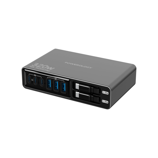 Powerology Electronics Accessories Black / Brand New Powerology Univo 320W GaN Charging Station, PD 100W, Laptop Charger, 2 Built-in Type-C Cable, 3×USB-C/ 3×USB-A Ports, Multi-Device Charging, Smart Charging Technology